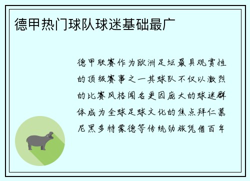 德甲热门球队球迷基础最广