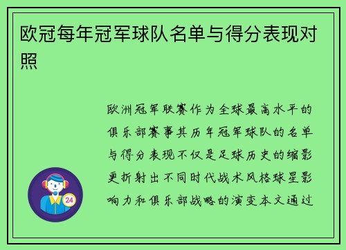 欧冠每年冠军球队名单与得分表现对照